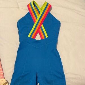 Vibrant Blue Kids Jumpsuit with Rainbow Straps